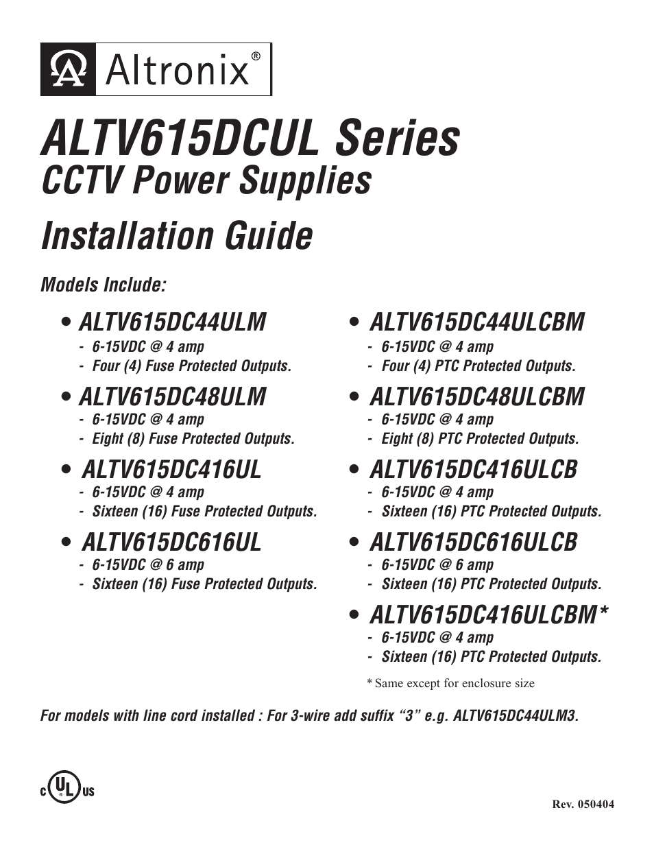 Altronix ALTV615DCUL Installation Instructions User Manual | 8 pages