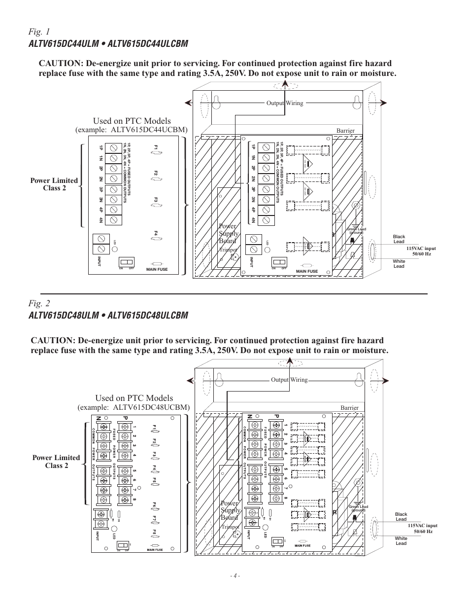 Used on ptc models, Power limited class 2, Power supply board | Output wiring, Barrier, Output wiring barrier, Xfmr, Trimpot | Altronix ALTV615DCUL Installation Instructions User Manual | Page 4 / 8