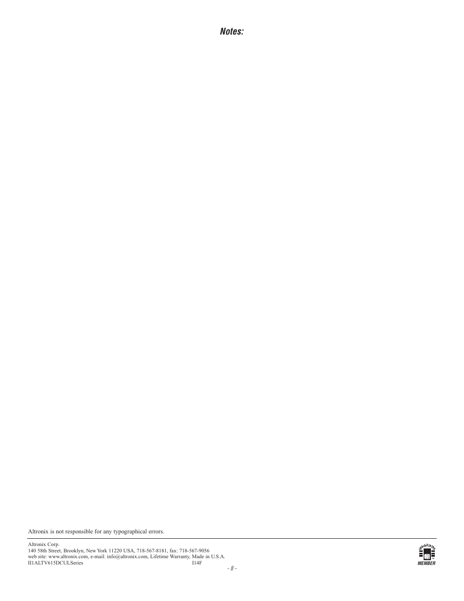 Altronix ALTV615DCUL Installation Instructions User Manual | Page 8 / 8