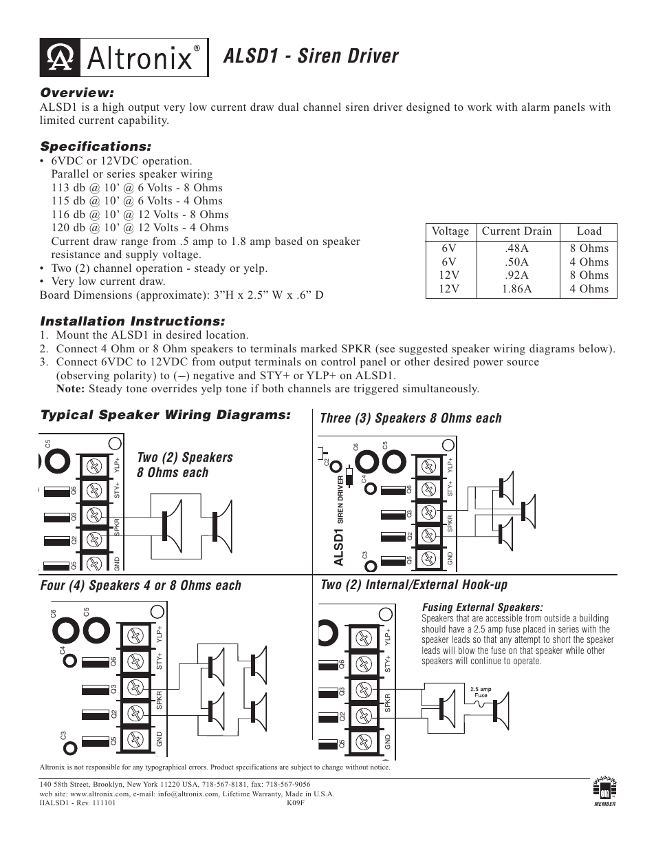 Altronix ALSD1 Installation Instructions User Manual | 1 page