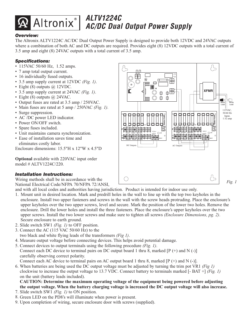 Altronix ALTV1224C AC Installation Instructions User Manual | 2 pages