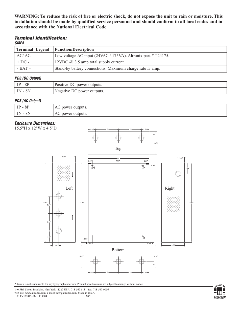Altronix ALTV1224C AC Installation Instructions User Manual | Page 2 / 2