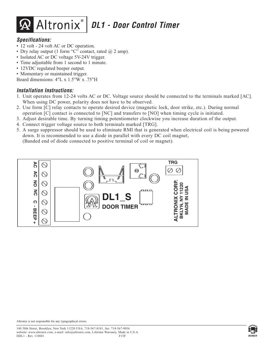 Altronix DL1 Installation Instructions User Manual | 1 page