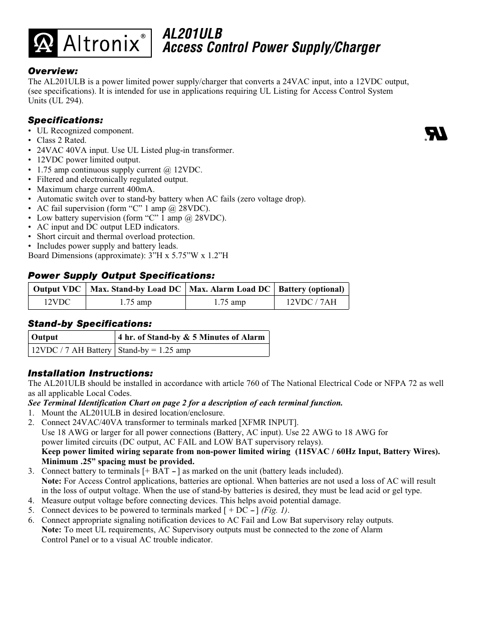 Altronix AL201ULB Installation Instructions User Manual | 2 pages