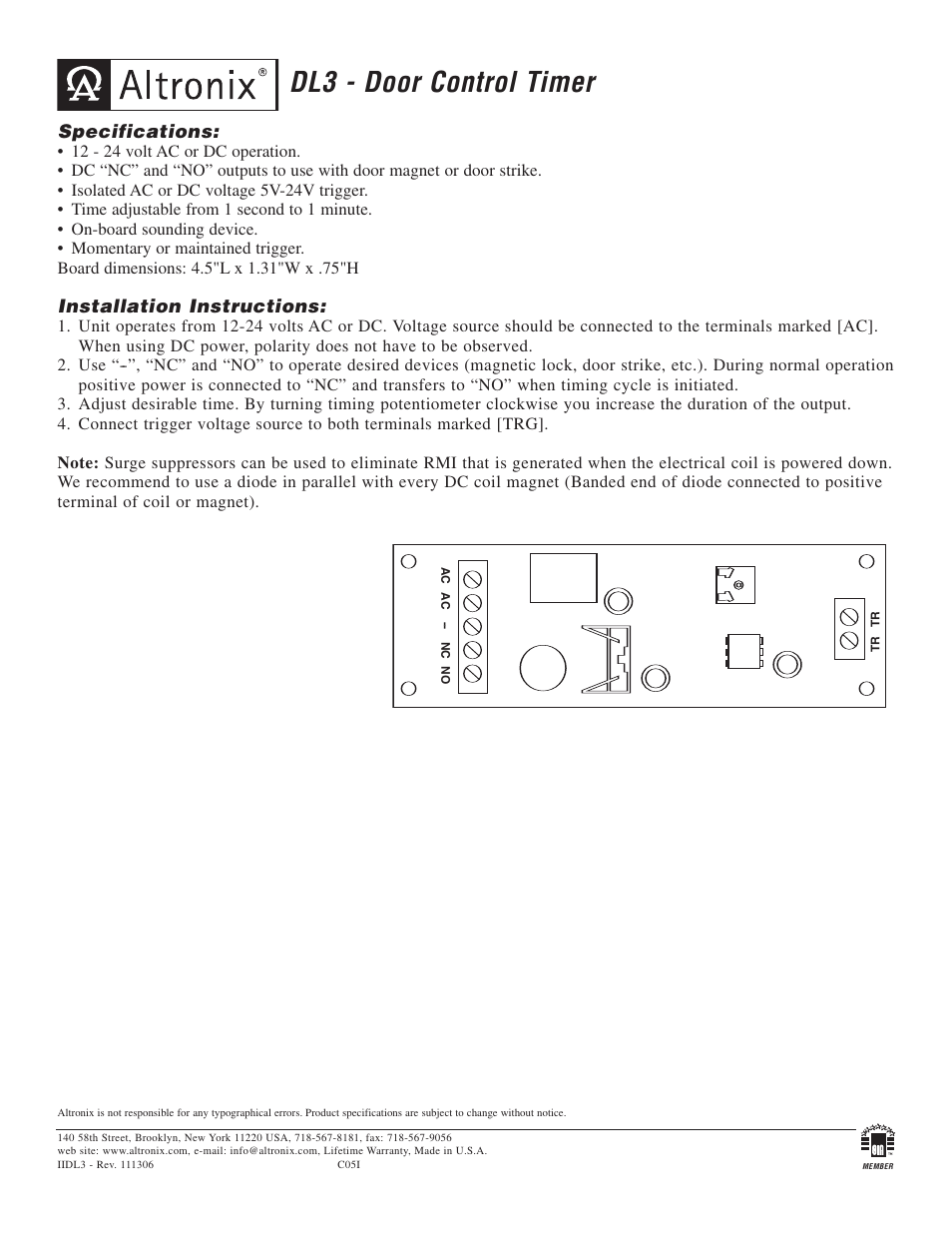 Altronix DL3 Installation Instructions User Manual | 1 page