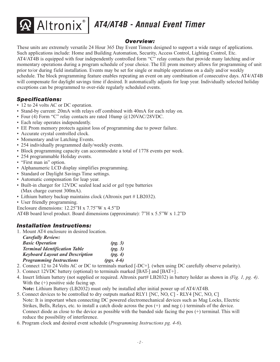 At4/at4b - annual event timer | Altronix AT4B Installation Instructions User Manual | Page 2 / 8