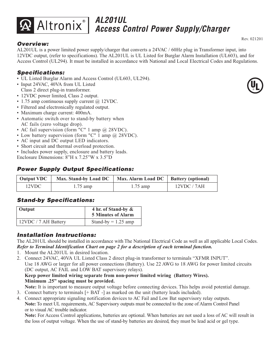 Altronix AL201UL Installation Instructions User Manual | 4 pages