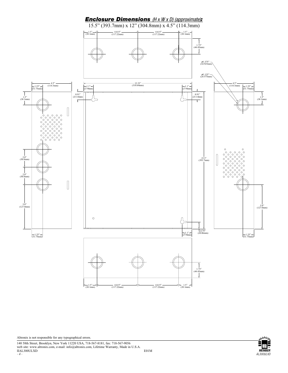 Enclosure dimensions | Altronix AL300ULXD Installation Instructions User Manual | Page 4 / 4