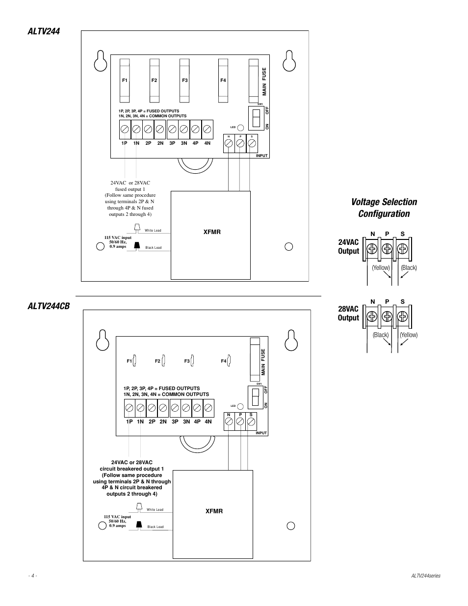 Voltage selection configuration, Altv244, Altv244cb | 24vac output, 28vac output | Altronix ALTV244CB Installation Instructions User Manual | Page 4 / 8