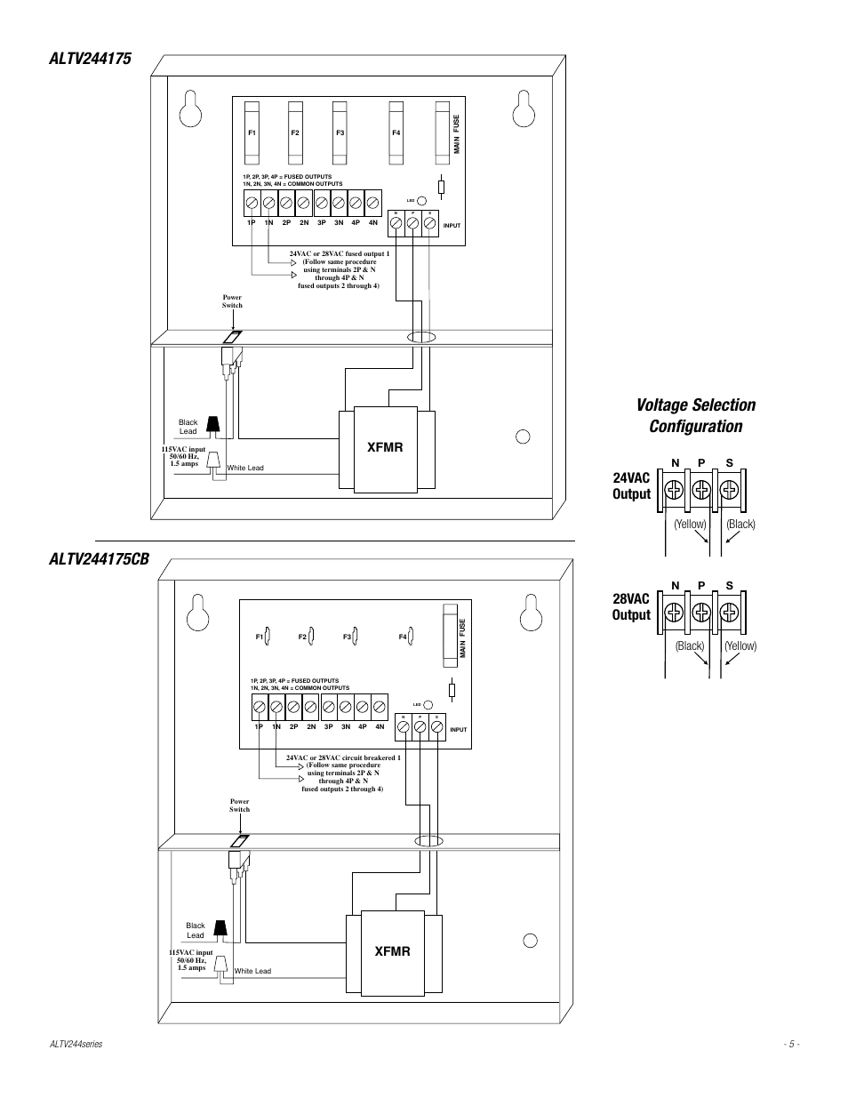 Voltage selection configuration, 24vac output, 28vac output | Xfmr, Yellow) (black) (black) (yellow) | Altronix ALTV244CB Installation Instructions User Manual | Page 5 / 8