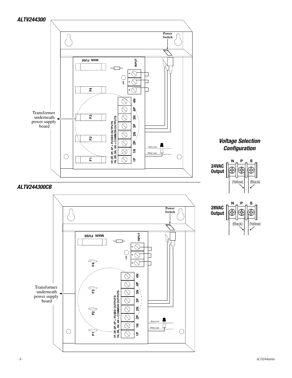 Voltage selection configuration, 24vac output, 28vac output | Transformer underneath power supply board | Altronix ALTV244CB Installation Instructions User Manual | Page 6 / 8