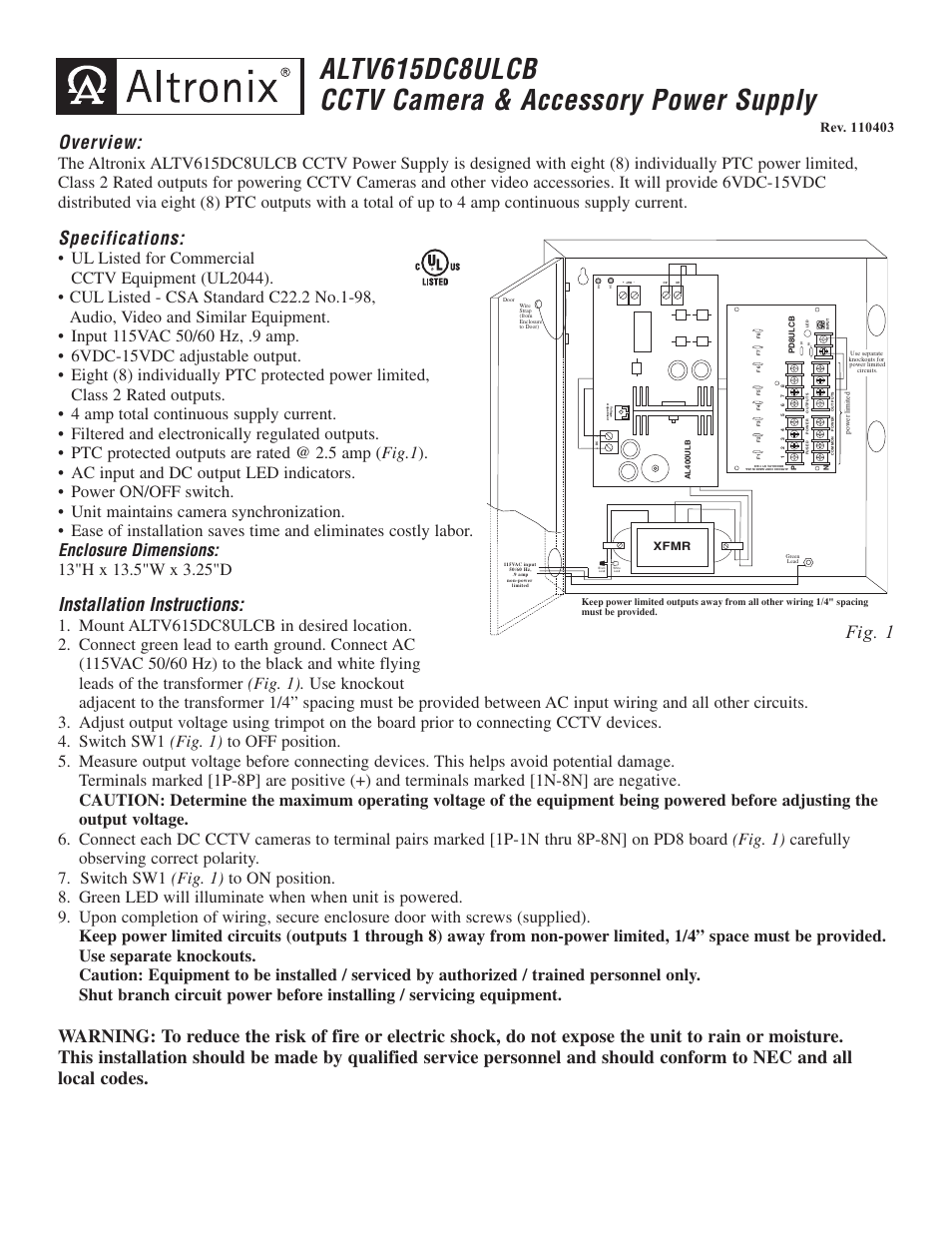 Altronix ALTV615DC8ULCB3 Installation Instructions User Manual | 2 pages