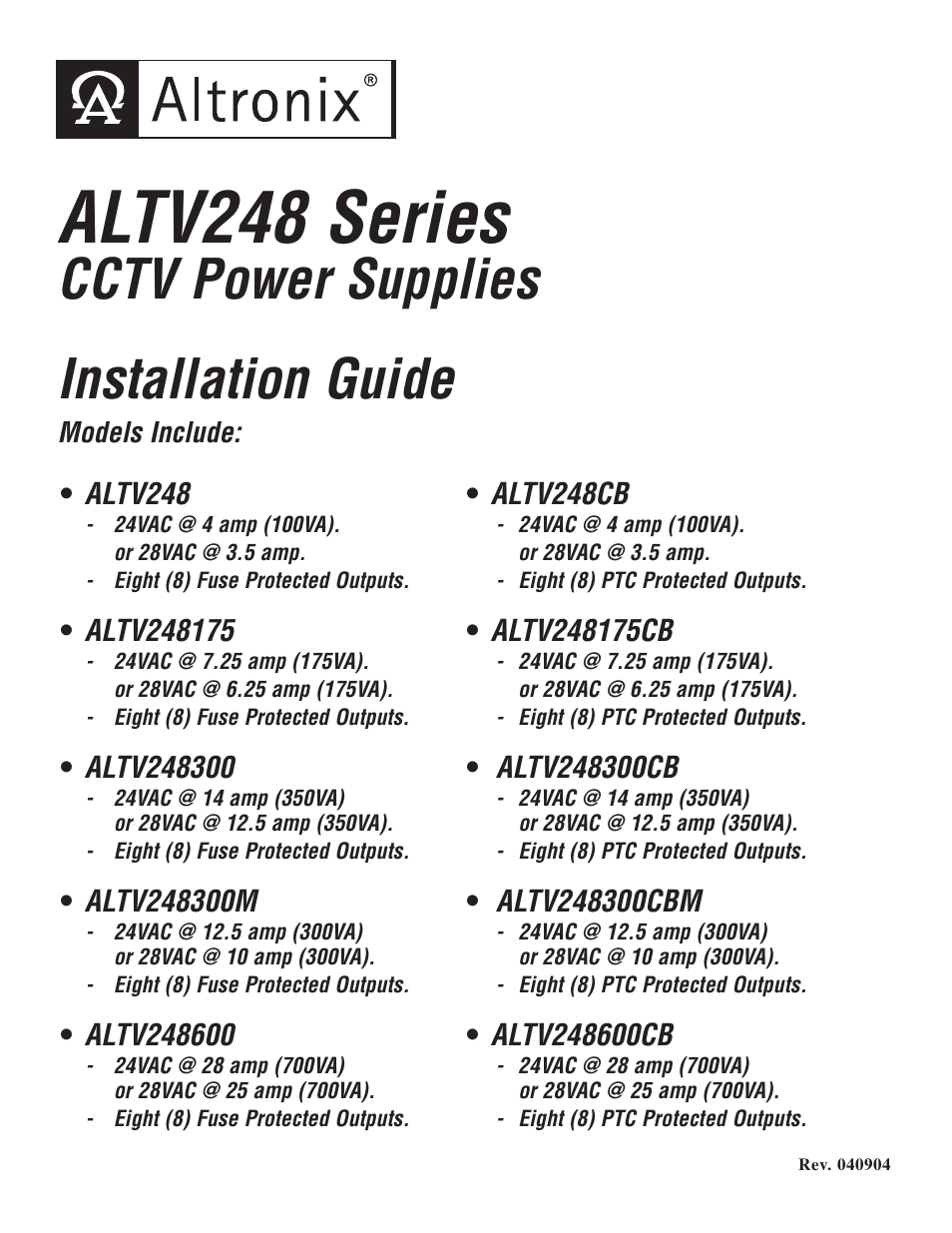 Altronix ALTV248 Series Installation Instructions User Manual | 8 pages