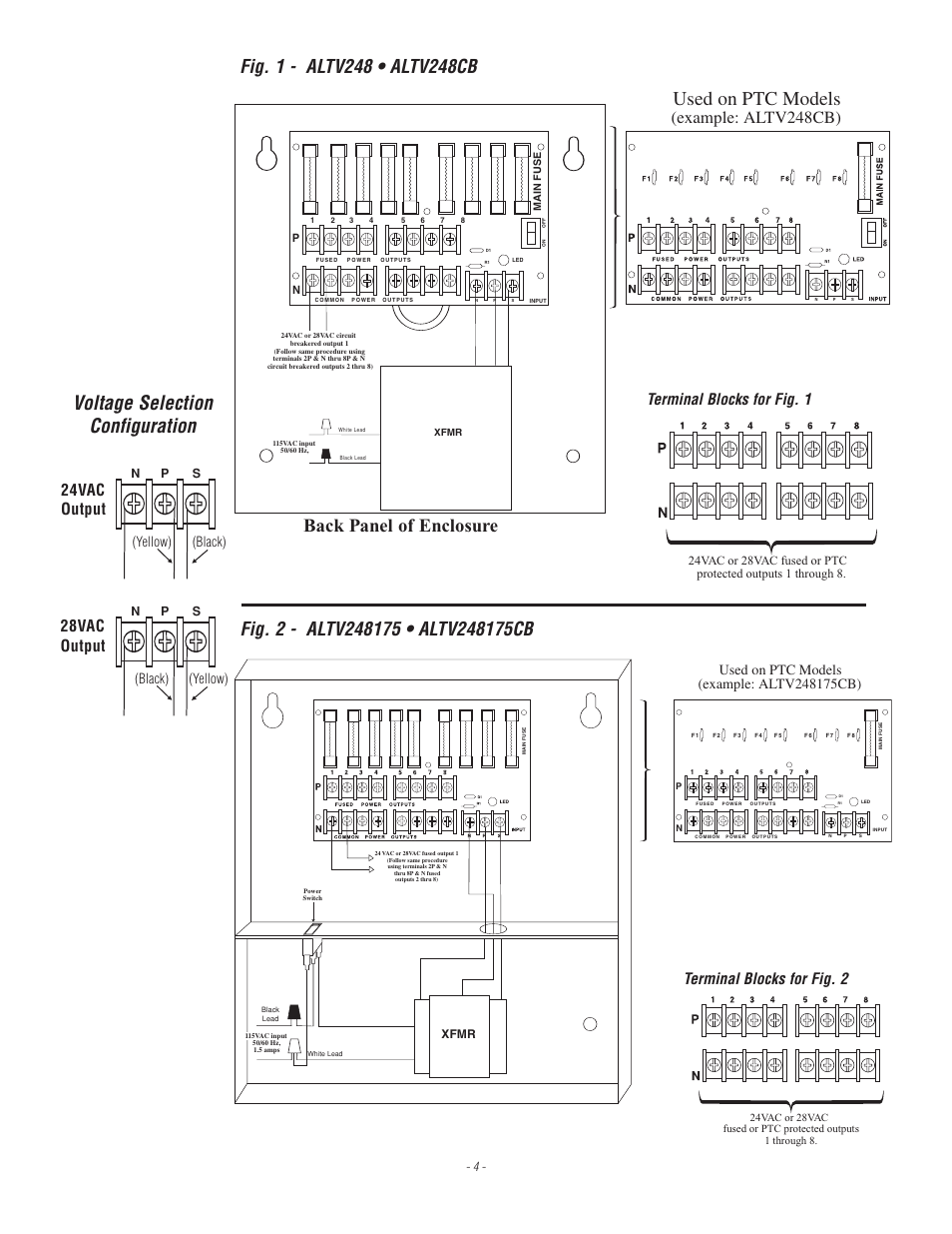 Used on ptc models, Voltage selection configuration, Back panel of enclosure | Example: altv248cb), 24vac output, 28vac output, Terminal blocks for fig. 1, Terminal blocks for fig. 2, Yellow) (black) (black) (yellow), Xfmr | Altronix ALTV248 Series Installation Instructions User Manual | Page 4 / 8
