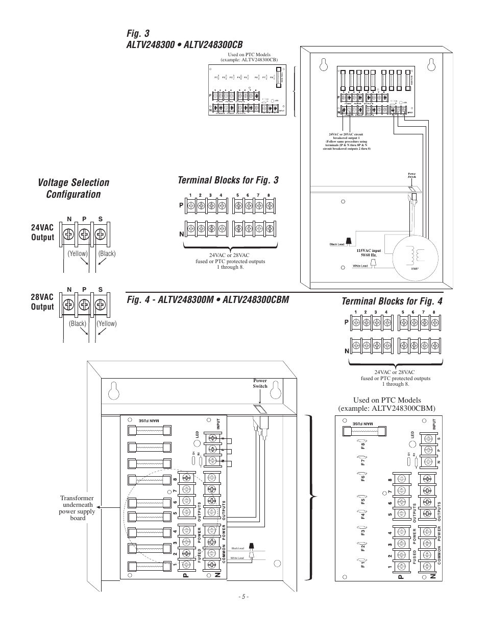 Voltage selection configuration, 24vac output, 28vac output | Transformer underneath power supply board, Yellow) (black) (black) (yellow), Np s np s | Altronix ALTV248 Series Installation Instructions User Manual | Page 5 / 8