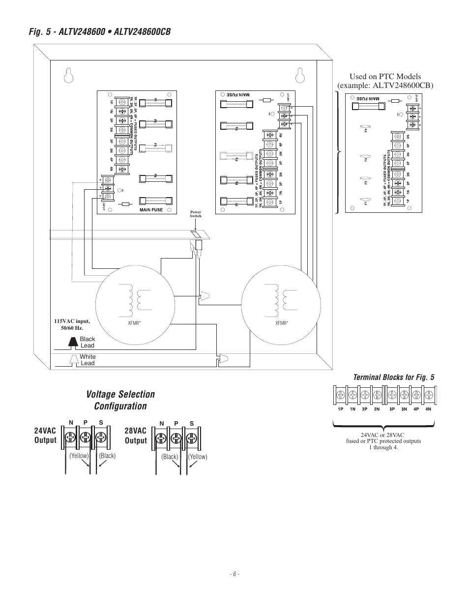 Voltage selection configuration, 24vac output, 28vac output | Terminal blocks for fig. 5 | Altronix ALTV248 Series Installation Instructions User Manual | Page 6 / 8