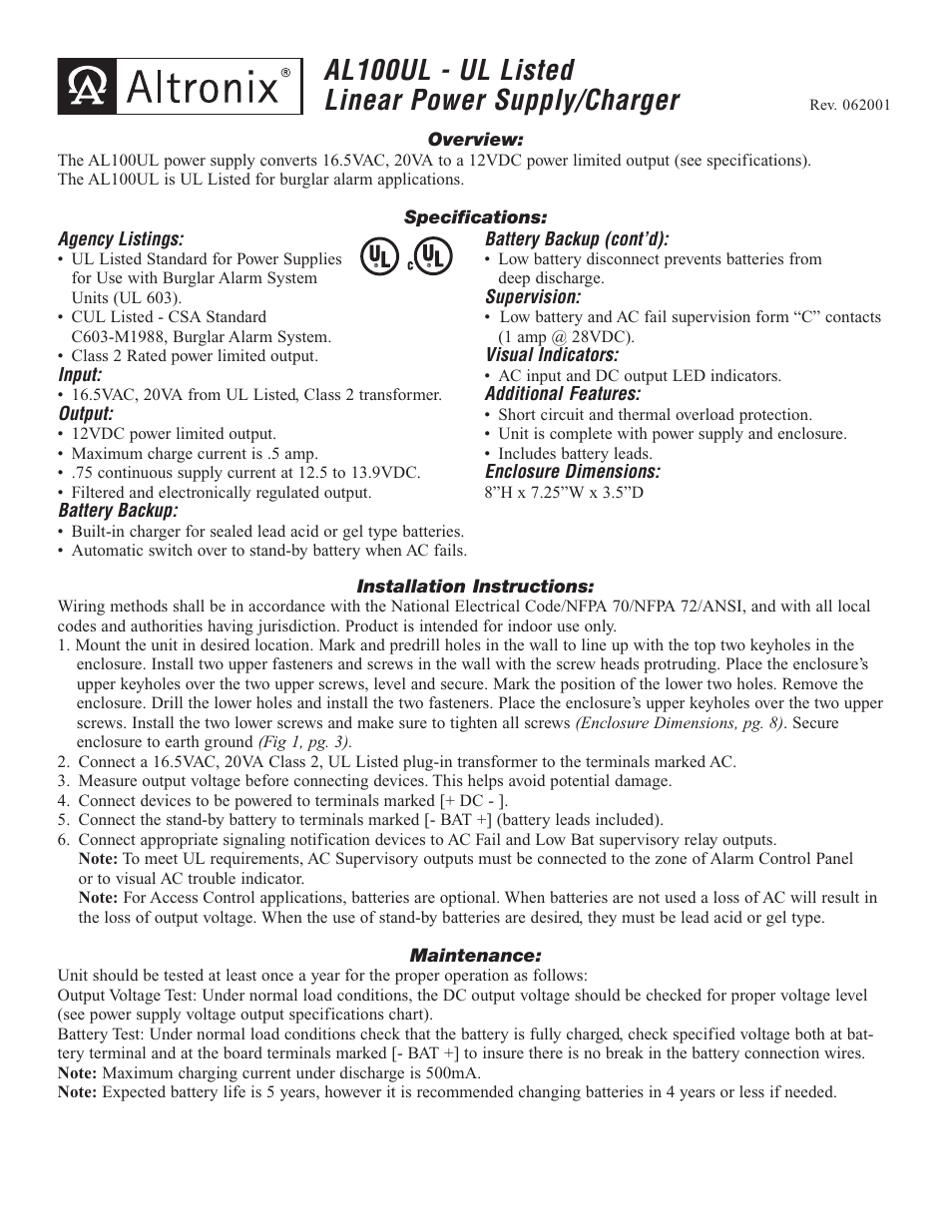 Altronix AL100UL Installation Instructions User Manual | 4 pages