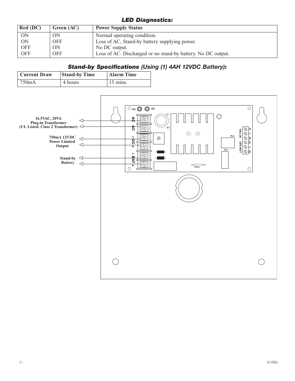 Led diagnostics | Altronix AL100UL Installation Instructions User Manual | Page 2 / 4