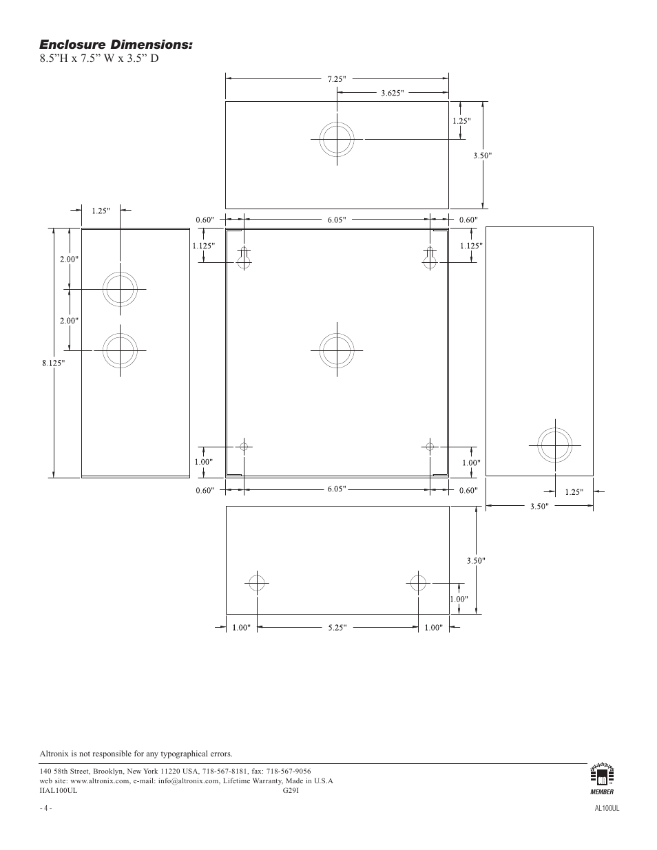 Enclosure dimensions | Altronix AL100UL Installation Instructions User Manual | Page 4 / 4