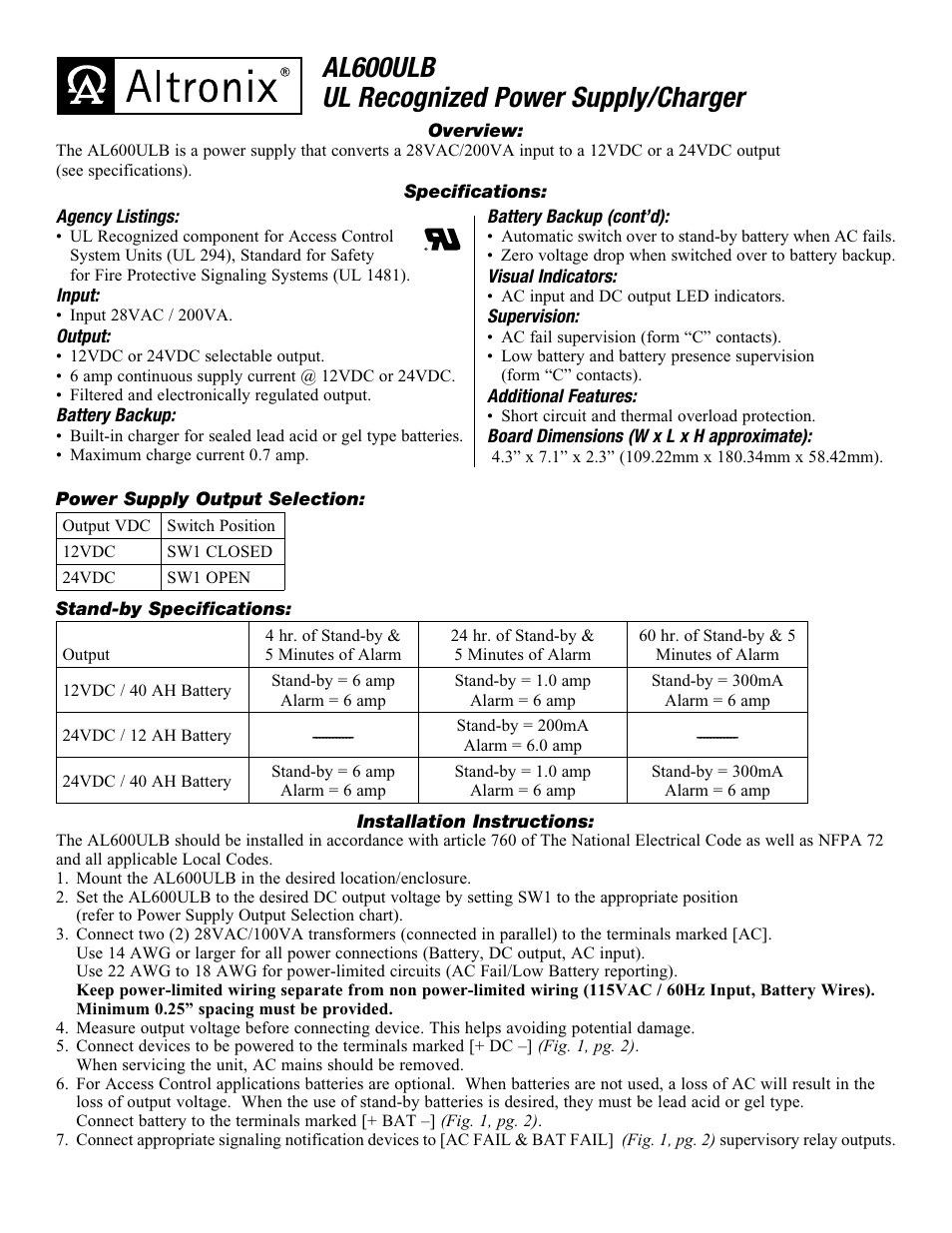 Altronix AL600ULB Installation Instructions User Manual | 2 pages