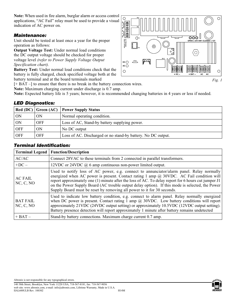Maintenance, Led diagnostics, Terminal identification | Altronix AL600ULB Installation Instructions User Manual | Page 2 / 2