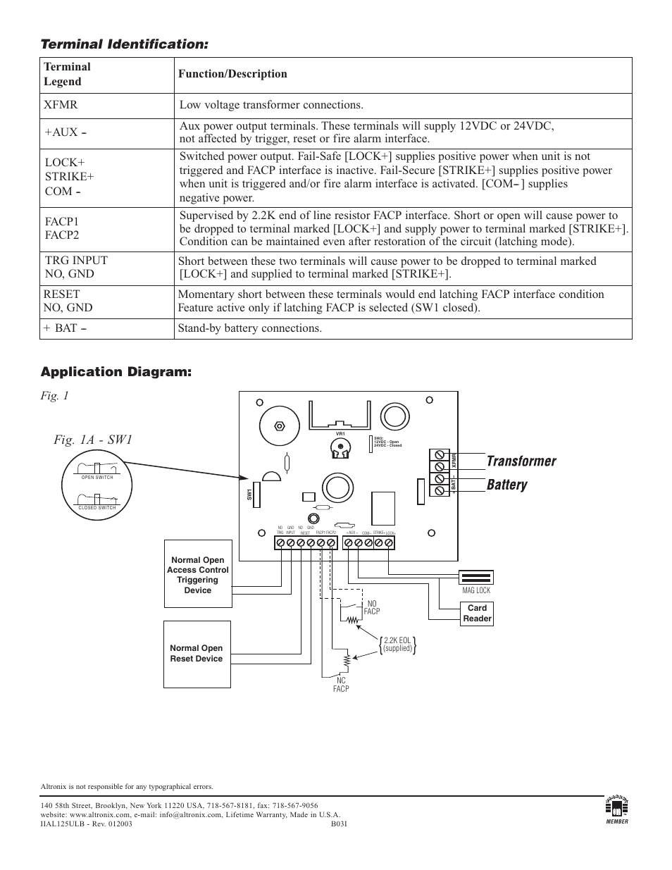 Terminal identification, Application diagram, Fig. 1a - sw1 | Fig. 1 | Altronix AL125ULB Installation Instructions User Manual | Page 2 / 2