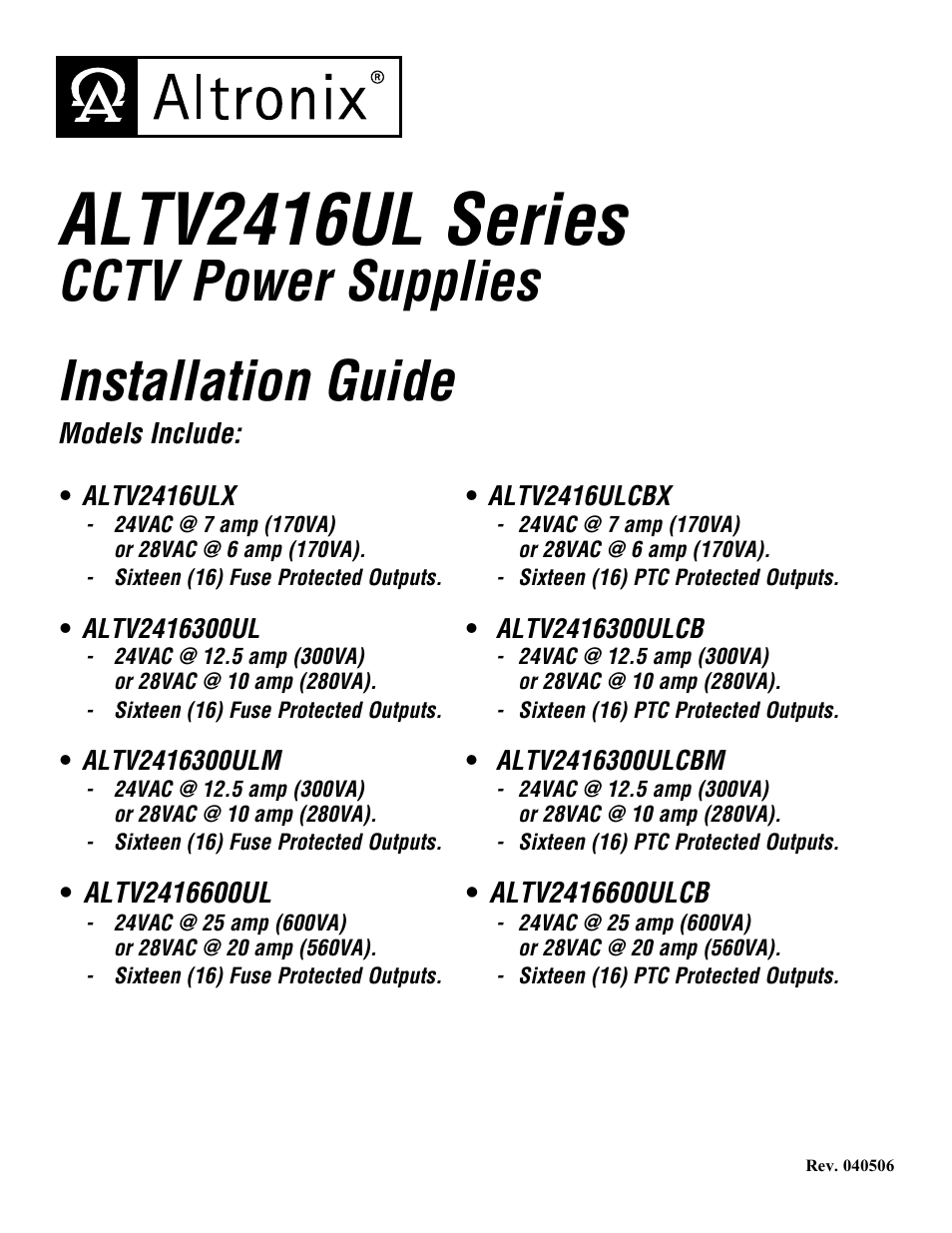 Altronix ALTV2416ULCBX Installation Instructions User Manual | 12 pages