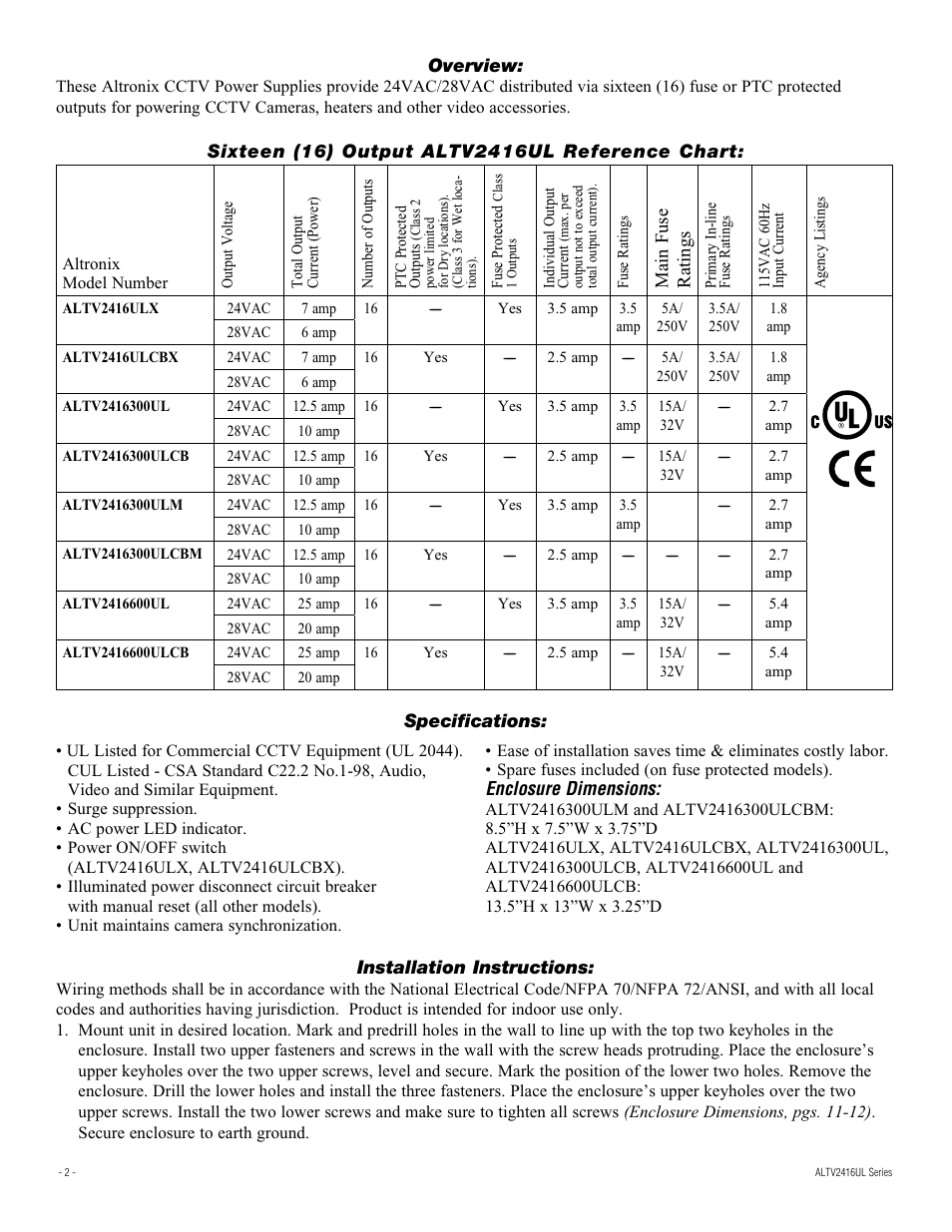 Altronix ALTV2416ULCBX Installation Instructions User Manual | Page 2 / 12