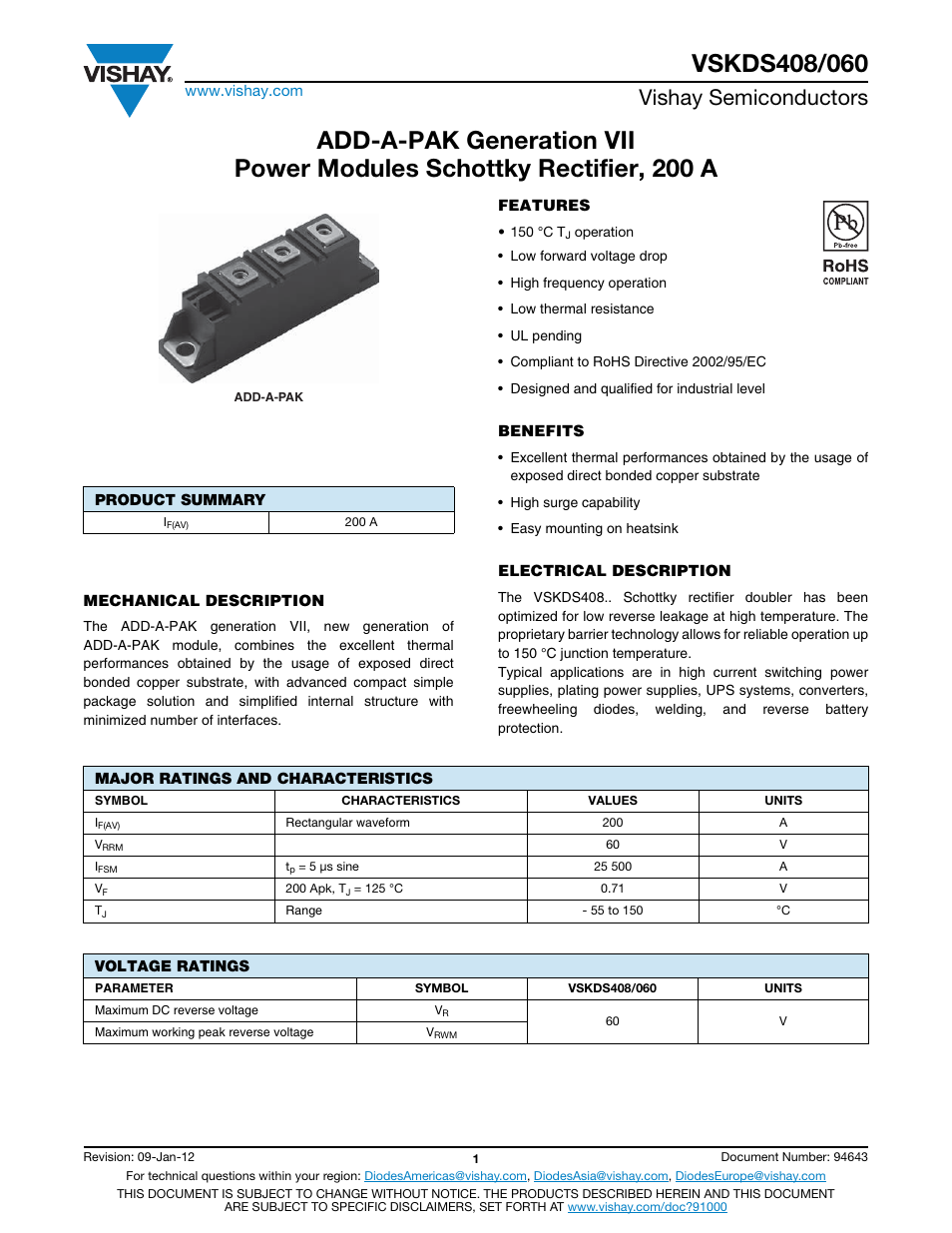 Datasheet, Vishay semiconductors | C&H Technology VSKDS408-060 User Manual | Page 2 / 10
