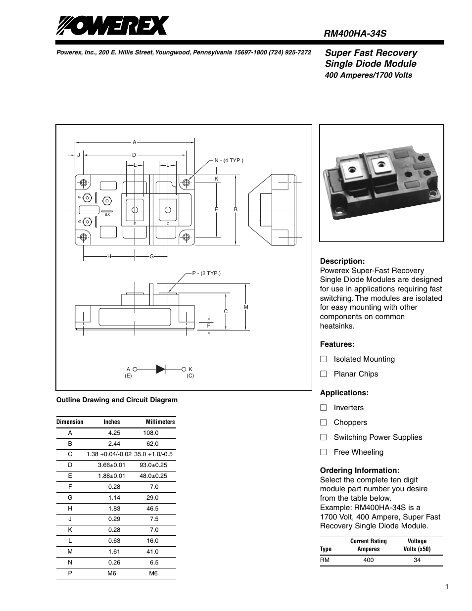 Super fast recovery single diode module | C&H Technology RM400HA-34S User Manual | Page 2 / 5