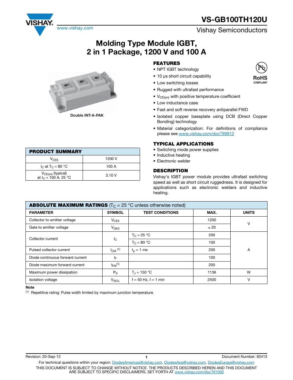 Vishay semiconductors | C&H Technology VS-GB100TH120U User Manual | Page 2 / 8