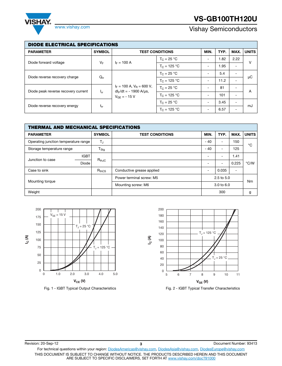 Vishay semiconductors, Diode electrical specifications, Thermal and mechanical specifications | C&H Technology VS-GB100TH120U User Manual | Page 4 / 8