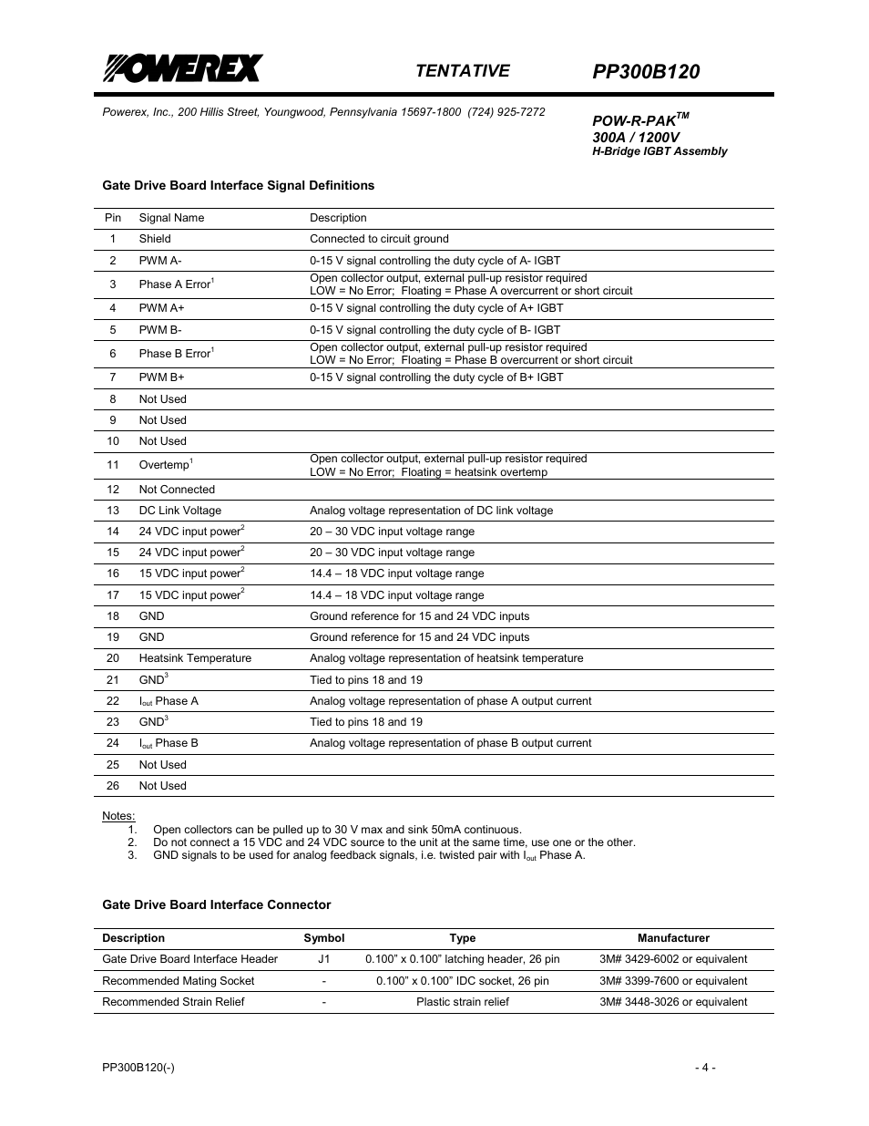 Gate drive board interface signal definitions, Tentative | C&H Technology PP300B120 User Manual | Page 5 / 8