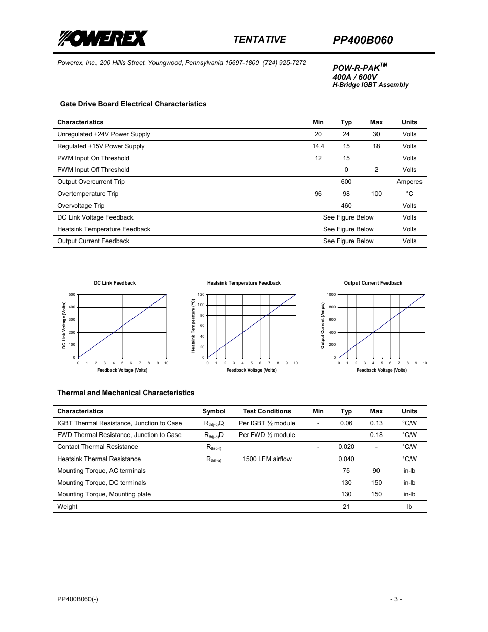 Tentative, Pow-r-pak, Gate drive board electrical characteristics | Thermal and mechanical characteristics | C&H Technology PP400B060 User Manual | Page 4 / 8