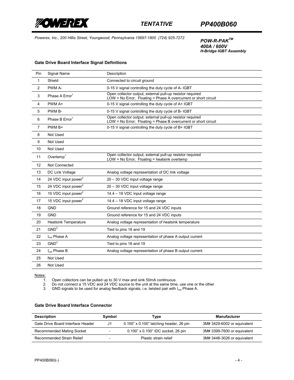 Gate drive board interface signal definitions, Tentative | C&H Technology PP400B060 User Manual | Page 5 / 8