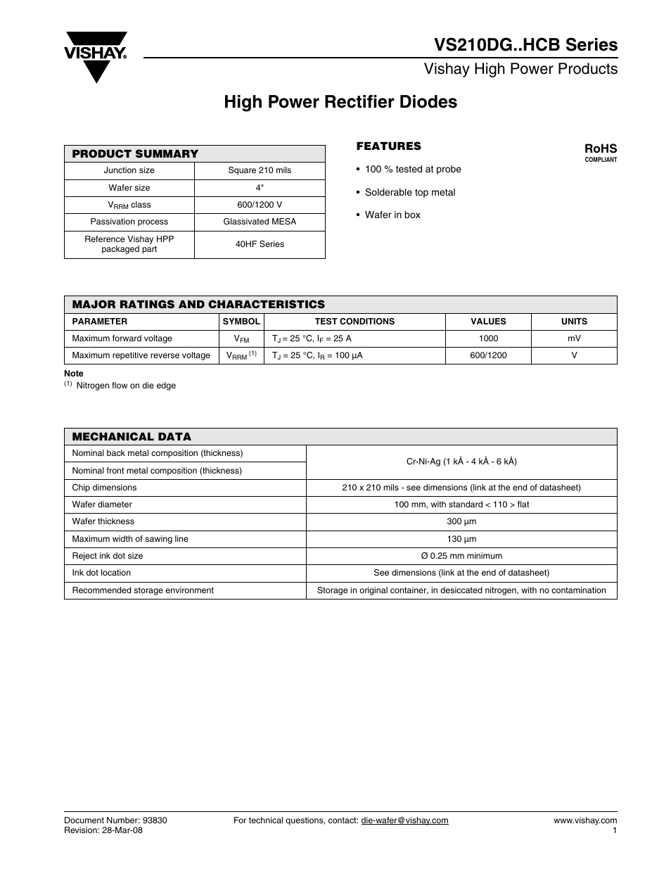 High power rectifier diodes vs210dg..hcb series, Vishay high power products, Rohs | C&H Technology VS210DG..HCB Series User Manual | Page 2 / 3