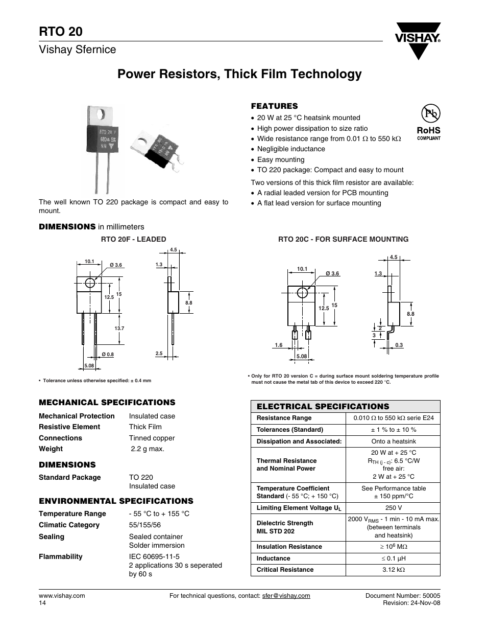 Datasheet, Power resistors, thick film technology, Rto 20 | Vishay sfernice | C&H Technology RTO20 User Manual | Page 2 / 5