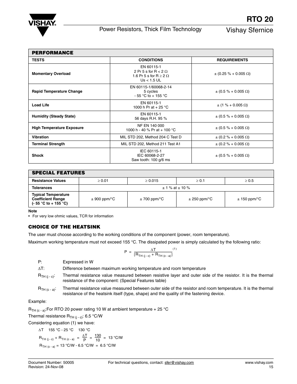 Rto 20, Vishay sfernice, Power resistors, thick film technology | C&H Technology RTO20 User Manual | Page 3 / 5