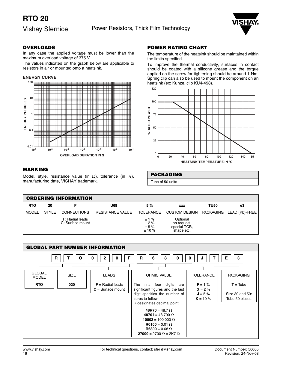Rto 20, Vishay sfernice, Power resistors, thick film technology | C&H Technology RTO20 User Manual | Page 4 / 5