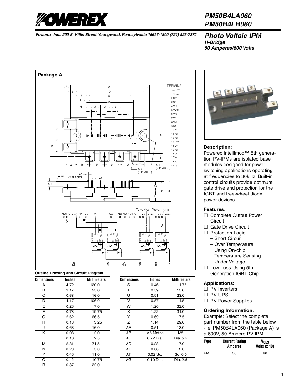 Photo voltaic ipm, Package a | C&H Technology PM50B4LB060 User Manual | Page 2 / 7