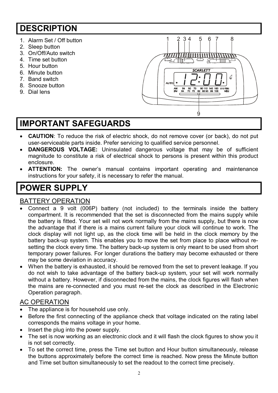 Description, Important safeguards, Power supply | Scarlett SC-4001 User Manual | Page 2 / 6
