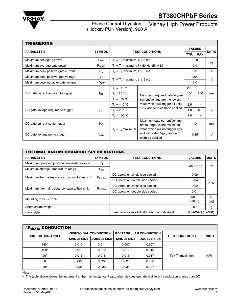 St380chpbf series, Vishay high power products | C&H Technology ST380CHPbF Series User Manual | Page 4 / 8