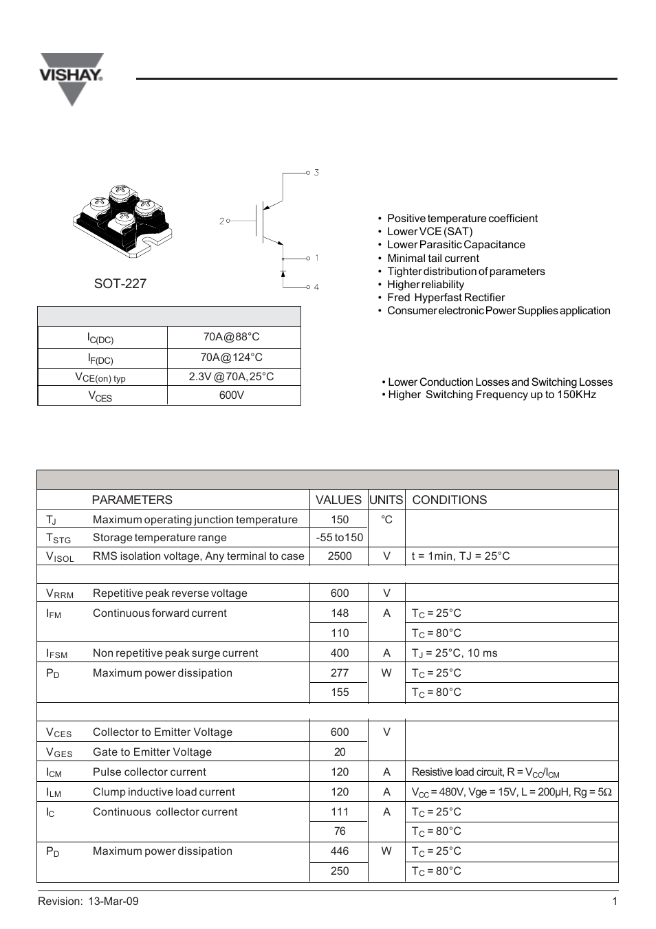 Gb70na60uf, Sot 227 warp 2, High side chopper vishay semiconductor italy | C&H Technology GB70NA60UF User Manual | Page 2 / 6