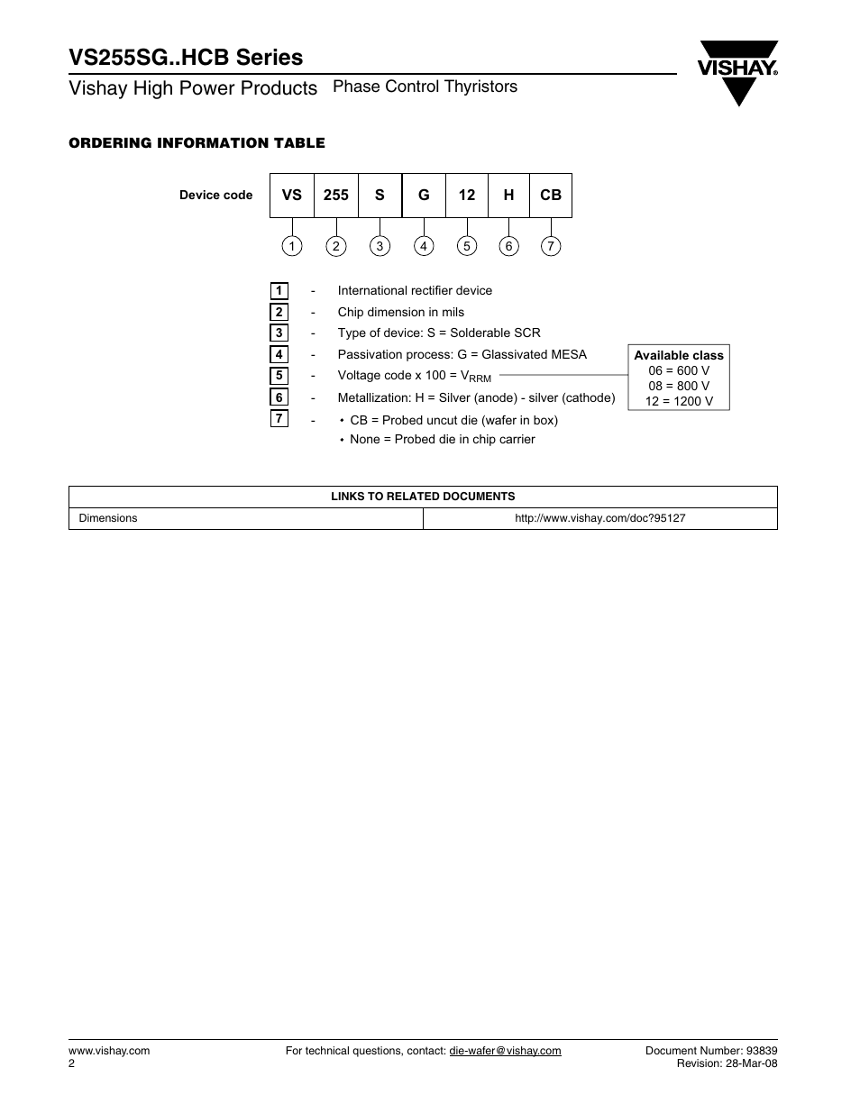 Vs255sg..hcb series, Vishay high power products, Phase control thyristors | C&H Technology VS255SG..HCB Series User Manual | Page 3 / 3
