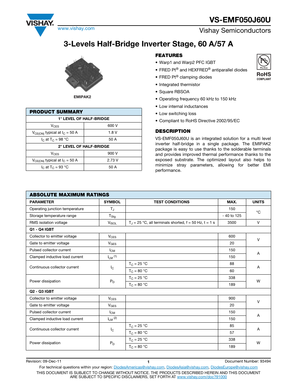 Levels half-bridge inverter stage, 60 a/57 a, Vishay semiconductors | C&H Technology EMF050J60U User Manual | Page 2 / 18