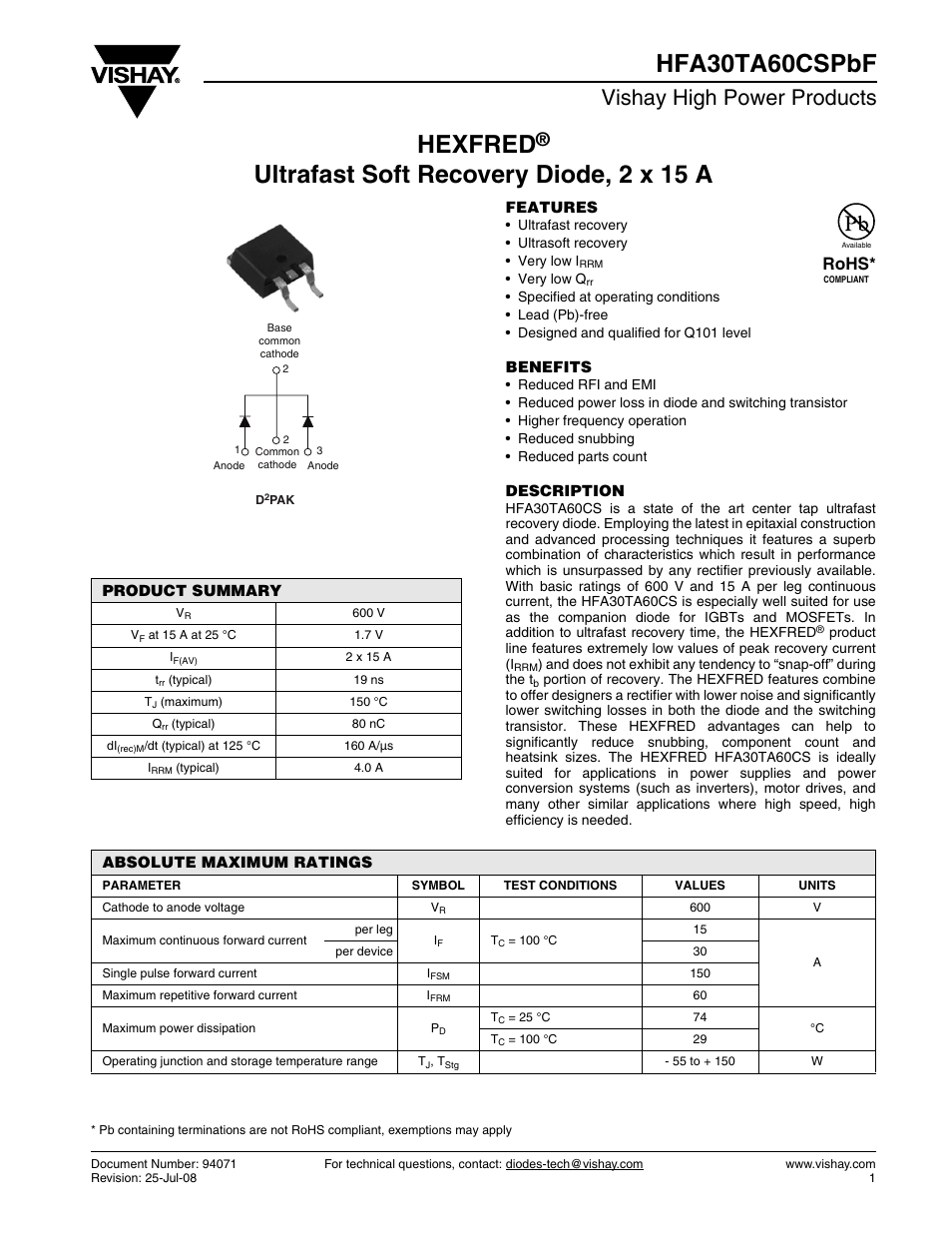 C&H Technology HFA30TA60CSPbF User Manual | 6 pages