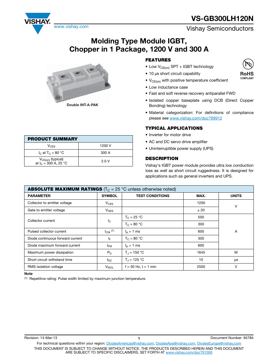 Vishay semiconductors | C&H Technology VS-GB300LH120N User Manual | Page 2 / 7
