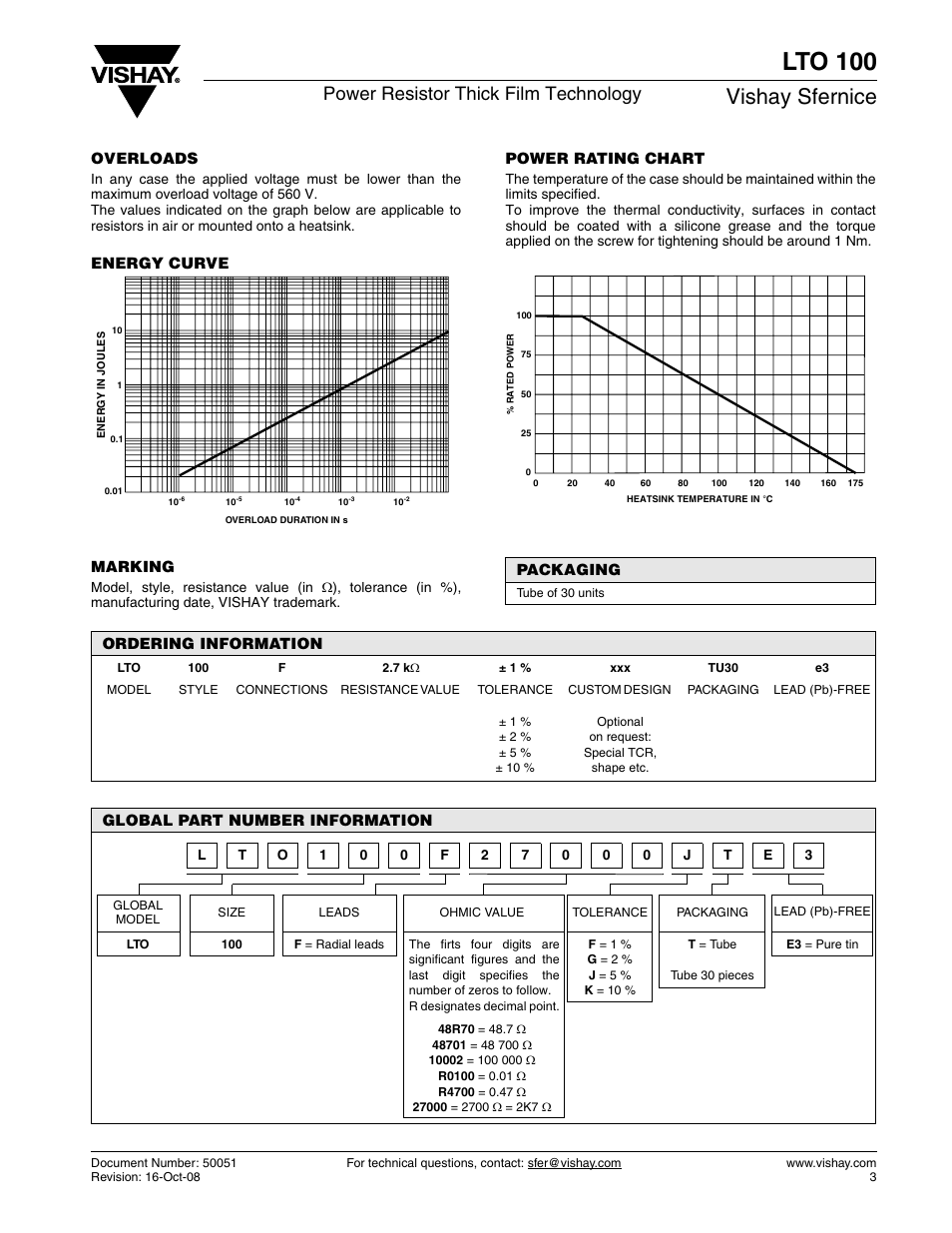 Lto 100, Vishay sfernice, Power resistor thick film technology | C&H Technology LTO100 User Manual | Page 4 / 5
