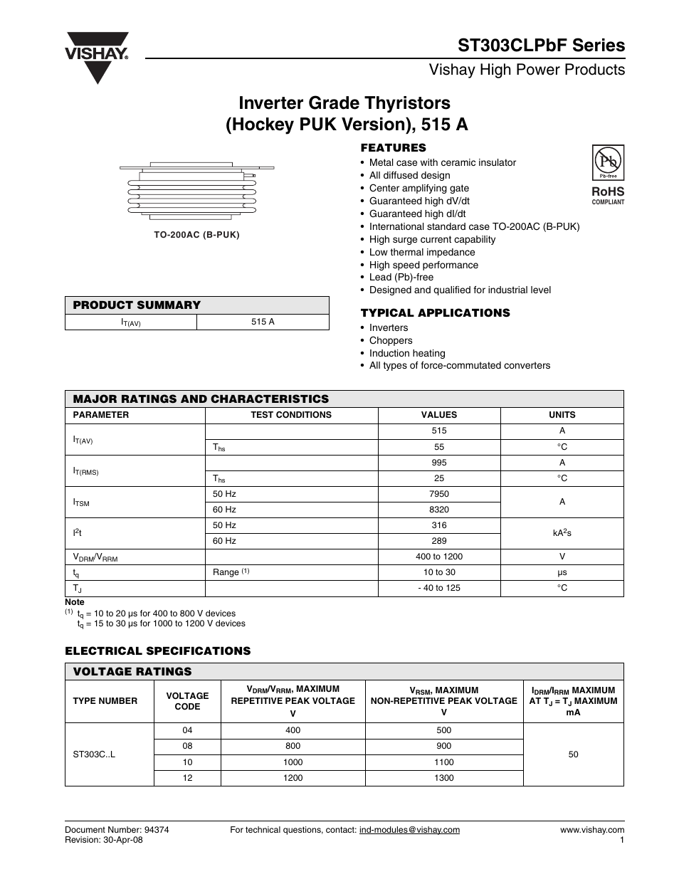 Vishay high power products, Rohs | C&H Technology ST303CLPbF Series User Manual | Page 2 / 9