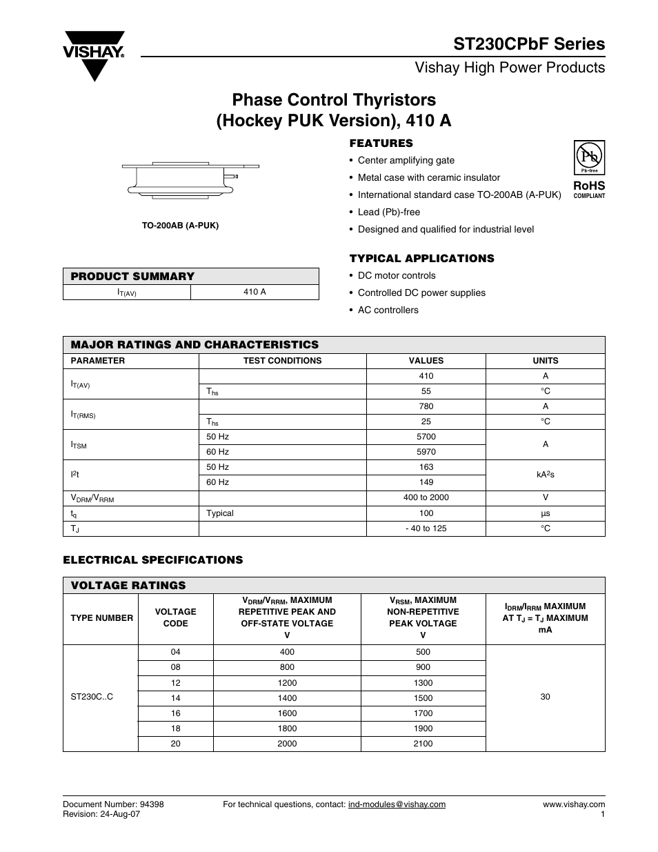 Vishay high power products, Rohs | C&H Technology ST230CPbF Series User Manual | Page 2 / 8